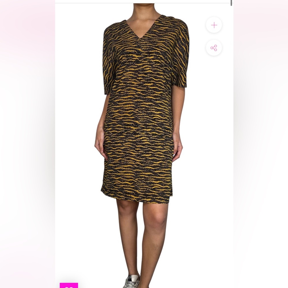 BIMBA Y LOLA BLACK & YELLOW ANIMAL PRINT V NECK SHEATH TEE DRESS EUC MED